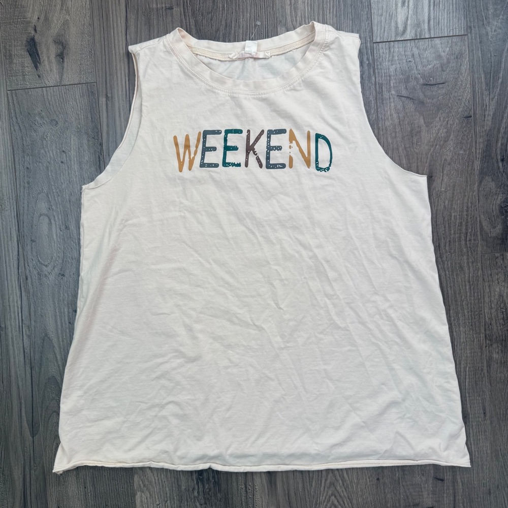 MAZIK Women's Cream WEEKEND Graphic Muscle Tank Top Size L